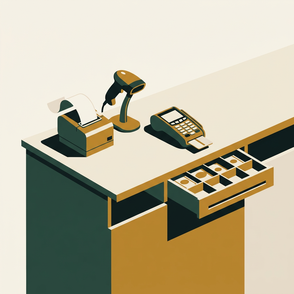A shop counter with a barcode scanner, a thermal receipt printer, a card terminal and a cash drawer