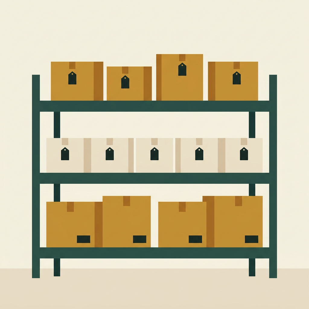 Shop storage shelves holding boxes with stock tags